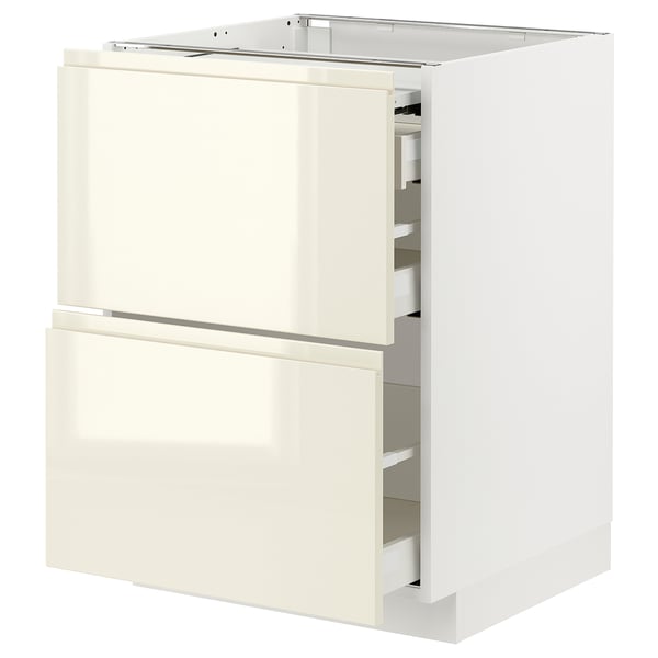 METOD / MAXIMERA Bc w pull-out work surface/3drw, white/Voxtorp high-gloss light beige, 60x60 cm