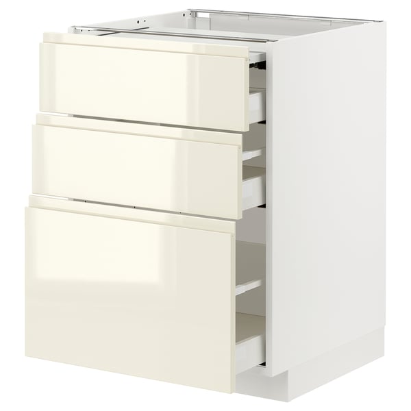 METOD / MAXIMERA Bc w pull-out work surface/3drw, white/Voxtorp high-gloss light beige, 60x60 cm