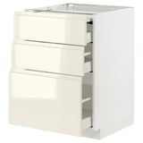 METOD / MAXIMERA Bc w pull-out work surface/3drw, white/Voxtorp high-gloss light beige, 60x60 cm