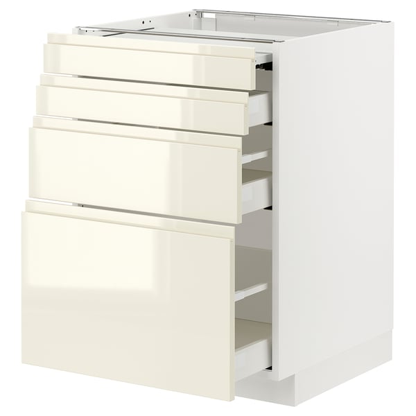 METOD / MAXIMERA Bc w pull-out work surface/3drw, white/Voxtorp high-gloss light beige, 60x60 cm
