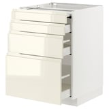 METOD / MAXIMERA Bc w pull-out work surface/3drw, white/Voxtorp high-gloss light beige, 60x60 cm