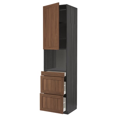 METOD / MAXIMERA Hi cab f micro combi w door/3 drwrs, black Enköping/brown walnut effect, 60x60x240 cm