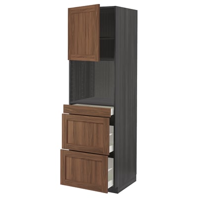 METOD / MAXIMERA Hi cab f micro combi w door/3 drwrs, black Enköping/brown walnut effect, 60x60x200 cm