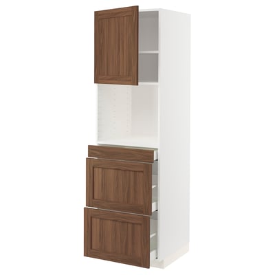 METOD / MAXIMERA Hi cab f micro combi w door/3 drwrs, white Enköping/brown walnut effect, 60x60x200 cm