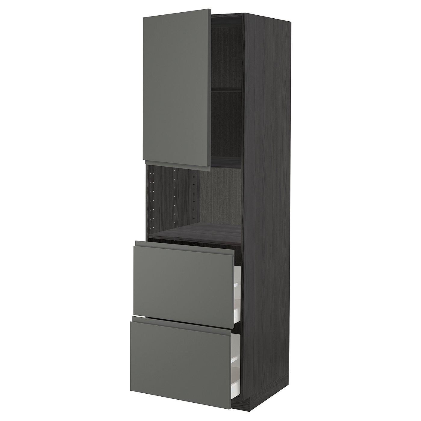 IKEA METOD High cabinet for microwave with door and 2 drawers 60x60x200 cm MAXIMERA black/VOXTORP dark grey