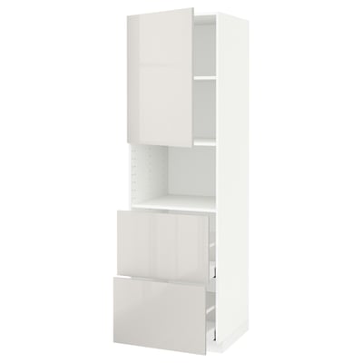 A white METOD kitchen cabinet with a high gloss finish, featuring both open shelves and drawers.