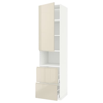 METOD / MAXIMERA Hi cab f micro w door/2 drawers, white/Voxtorp high-gloss light beige, 60x60x240 cm