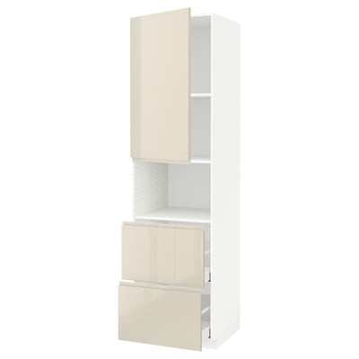 METOD / MAXIMERA Hi cab f micro w door/2 drawers, white/Voxtorp high-gloss light beige, 60x60x220 cm