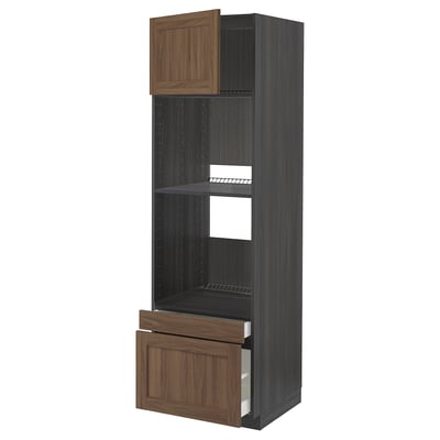 METOD kitchen unit, walnut, tall with shelf, drawer, dark finish, wooden front.