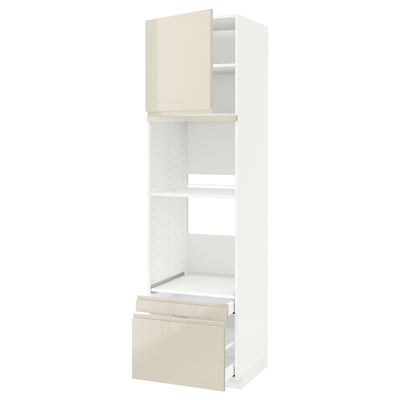 METOD / MAXIMERA Hi cab f ov/combi ov w dr/2 drwrs, white/Voxtorp high-gloss light beige, 60x60x220 cm