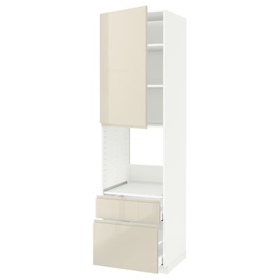 METOD / MAXIMERA Hi cab f ov w dr/2 frnt/1 m/1 h drw, white/Voxtorp high-gloss light beige, 60x60x220 cm