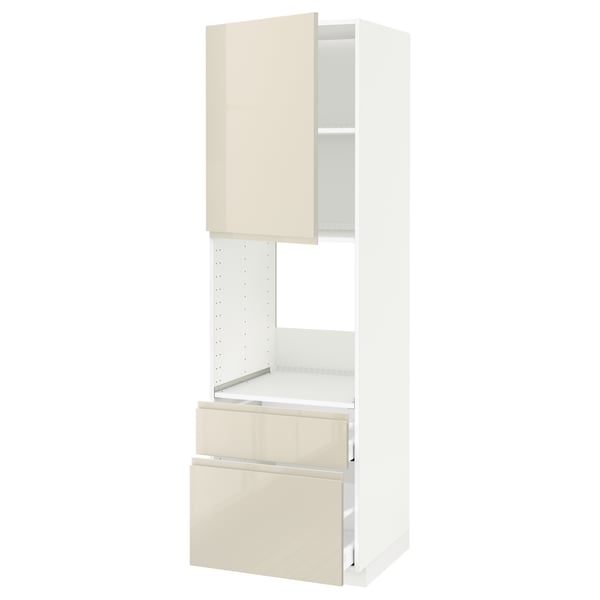 METOD / MAXIMERA Hi cab f ov w dr/2 frnt/1 m/1 h drw, white/Voxtorp high-gloss light beige, 60x60x200 cm