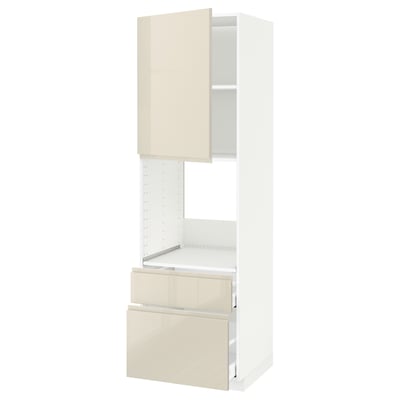 METOD / MAXIMERA Hi cab f ov w dr/2 frnt/1 m/1 h drw, white/Voxtorp high-gloss light beige, 60x60x200 cm