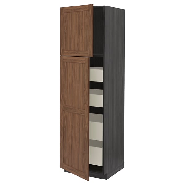 METOD / MAXIMERA Hi cab w 2 doors/4 drawers, black Enköping/brown walnut effect, 60x60x200 cm
