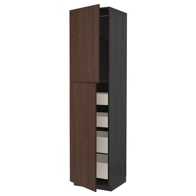 METOD / MAXIMERA Hi cab w 2 doors/4 drawers, black/Sinarp brown, 60x60x240 cm