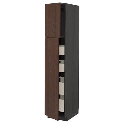 METOD / MAXIMERA Hi cab w 2 doors/4 drawers, black/Sinarp brown, 40x60x200 cm