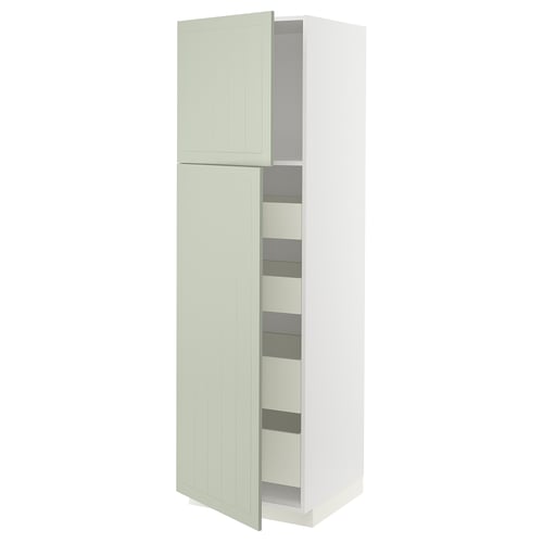 An ikea METOD cabinet in light green with white shelves. It has double doors and is tall and rectangular.