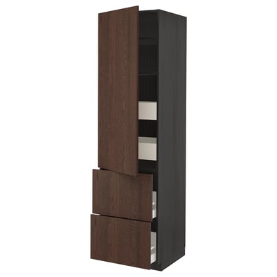METOD / MAXIMERA Hi cab w shlvs/4 drawers/dr/2 frnts, black/Sinarp brown, 60x60x220 cm