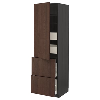 METOD / MAXIMERA Hi cab w shlvs/4 drawers/dr/2 frnts, black/Sinarp brown, 60x60x200 cm