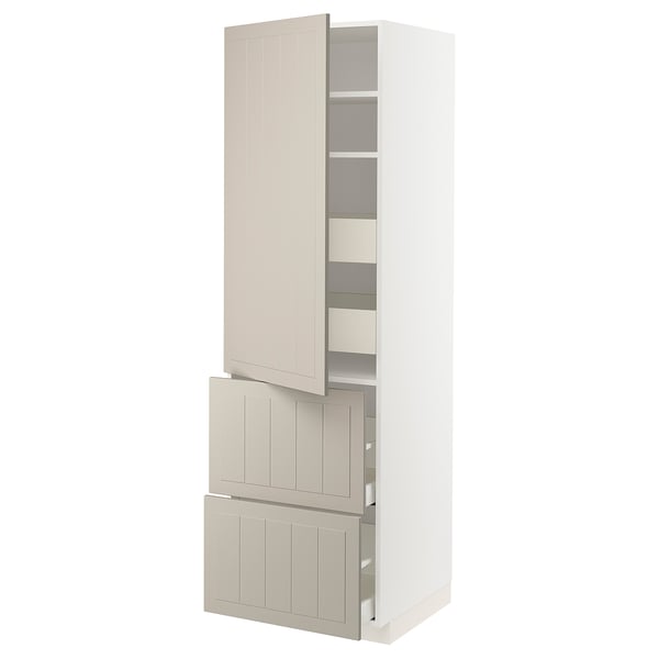METOD / MAXIMERA Hi cab w shlvs/4 drawers/dr/2 frnts, white/Stensund beige, 60x60x200 cm