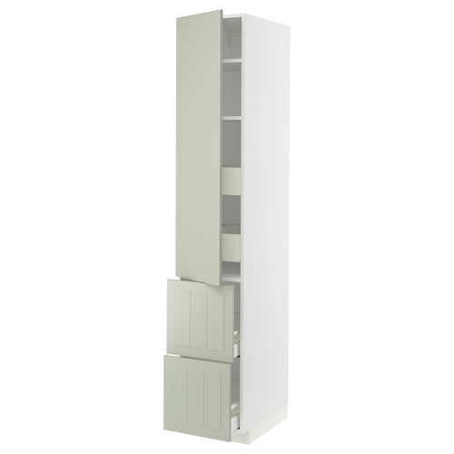 Vertical kitchen storage unit, light green, modern design with drawer and shelves.