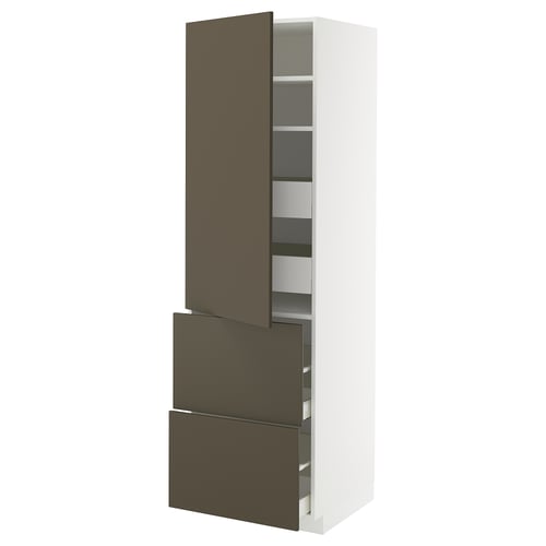 Modern kitchen cabinet, white with dark brown drawers and a door, sleek and tall.