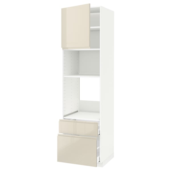 METOD / MAXIMERA High cab f oven/micro w dr/2 drwrs, white/Voxtorp high-gloss light beige, 60x60x220 cm