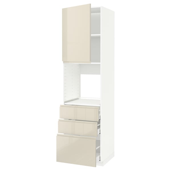METOD / MAXIMERA High cab f oven w door/3 drawers, white/Voxtorp high-gloss light beige, 60x60x220 cm
