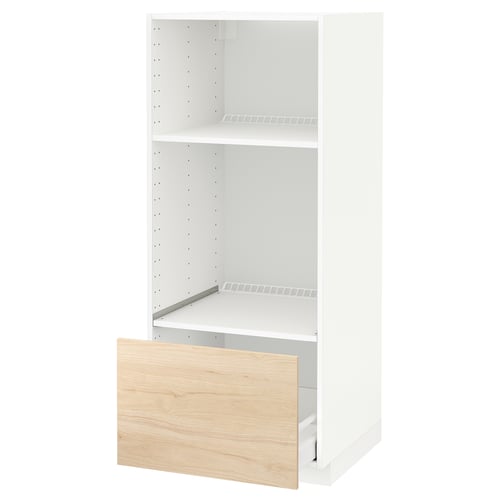 White METOD kitchen cabinet with light wood drawer.