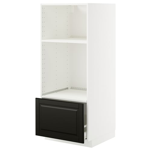 White METOD kitchen unit with black bevelled door and adjustable shelf.
