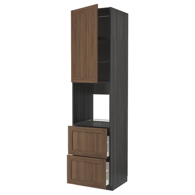 METOD / MAXIMERA High cabinet f oven+door/2 drawers, black Enköping/brown walnut effect, 60x60x240 cm