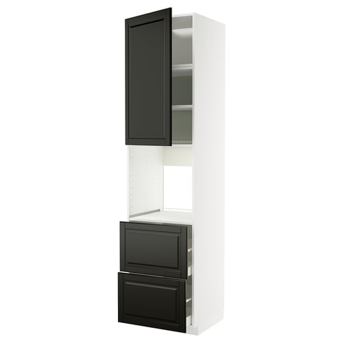 Black and white wall cabinet unit by IKEA. Tall with open section, two black drawers, and a single black door.