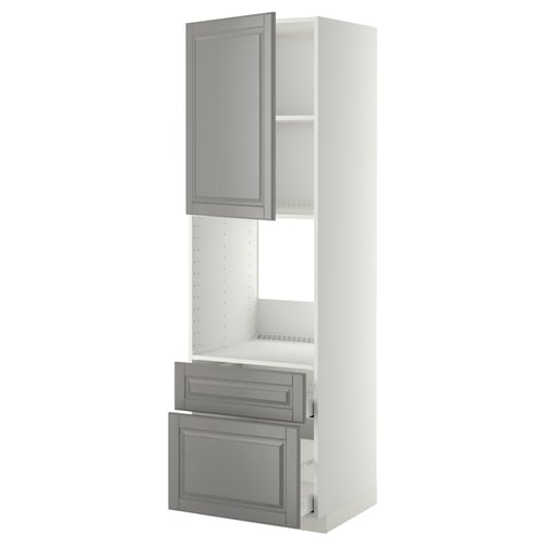 METOD kitchen unit in grey. Tall white cabinet with two grey drawers and a single door. Modern, traditional style.