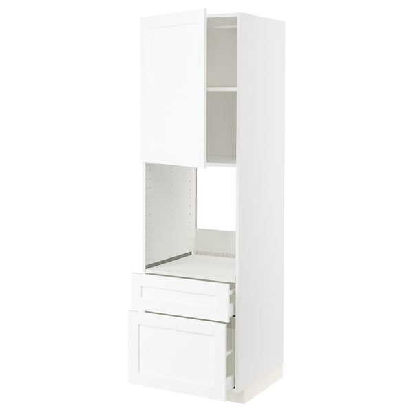 White METOD kitchen unit, 3 sections: cabinet, drawer, shelf, modern design.