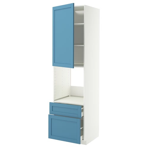 A METOD kitchen unit in blue and white, featuring cabinets and drawers.