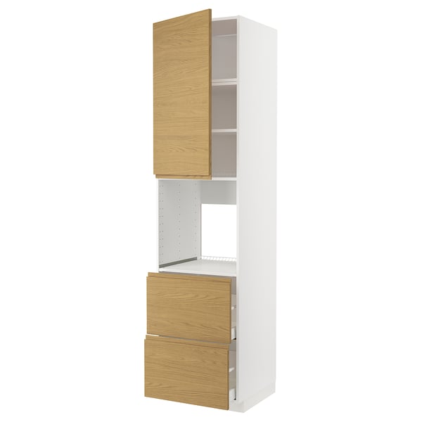 METOD / MAXIMERA High cabinet f oven+door/2 drawers, white/Voxtorp oak effect, 60x60x240 cm