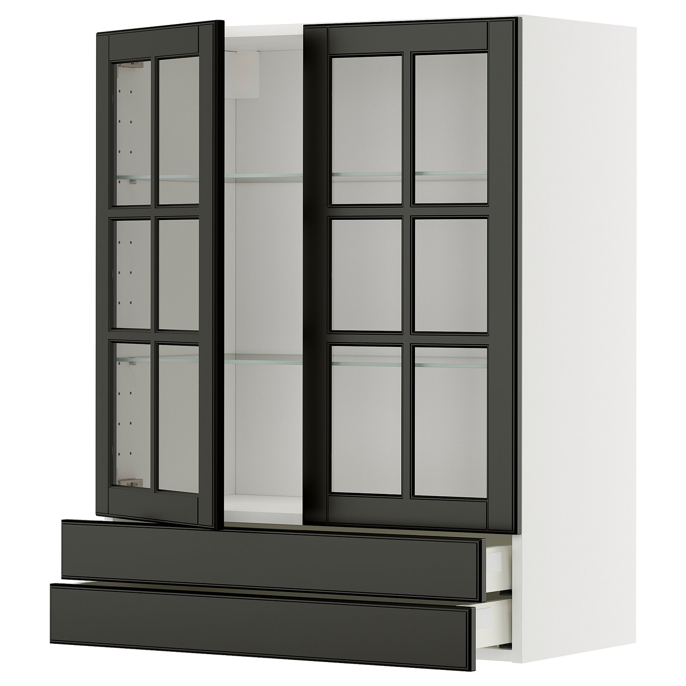 IKEA METOD Wall cabinet with 2 glass doors and 2 drawers 80x100 cm BODBYN black/white