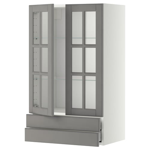 A grey ikea METOD kitchen cabinet set with glass doors and drawer. Modern design with a clean look.