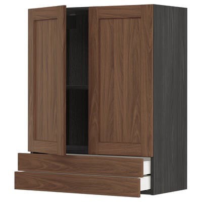 METOD / MAXIMERA Wall cabinet w 2 doors/2 drawers, black Enköping/brown walnut effect, 80x100 cm