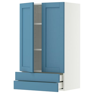 METOD / MAXIMERA Wall cabinet w 2 doors/2 drawers, white/Lerhyttan blue, 60x100 cm