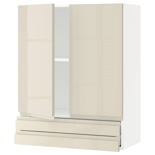 METOD / MAXIMERA Wall cabinet w 2 doors/2 drawers, white/Voxtorp high-gloss light beige, 80x100 cm