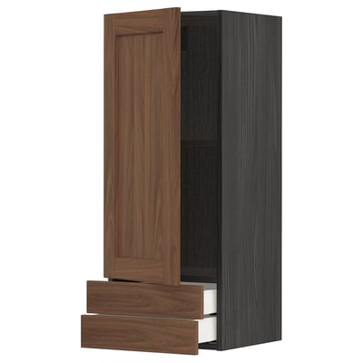 METOD / MAXIMERA Wall cabinet with door/2 drawers, black Enköping/brown walnut effect, 40x100 cm