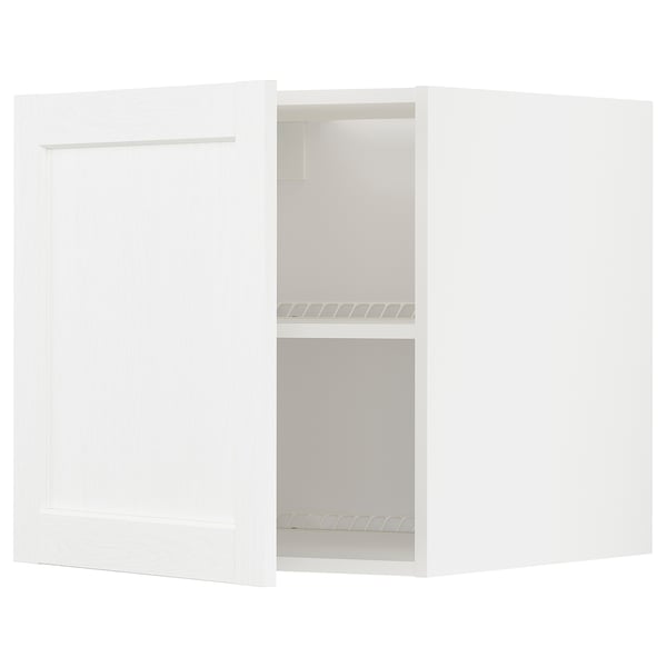 White kitchen cabinet with door open, showing two shelves inside. Modern design with subtle grain texture.