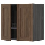 METOD Wall cabinet w dish drainer/2 doors, black Enköping/brown walnut effect, 60x60 cm
