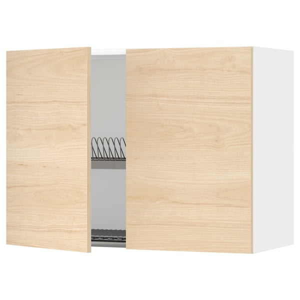METOD Wall cabinet w dish drainer/2 doors, white/Askersund light ash effect, 80x60 cm