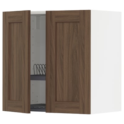 METOD Wall cabinet w dish drainer/2 doors, white Enköping/brown walnut effect, 60x60 cm