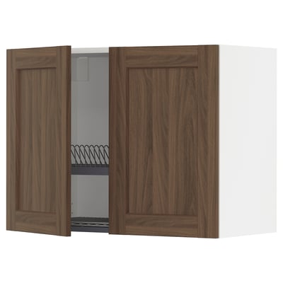 METOD Wall cabinet w dish drainer/2 doors, white Enköping/brown walnut effect, 80x60 cm