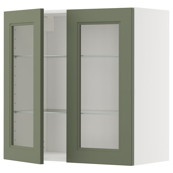 METOD Wall cabinet w shelves/2 glass drs, white/Axstad grey-green, 80x80 cm