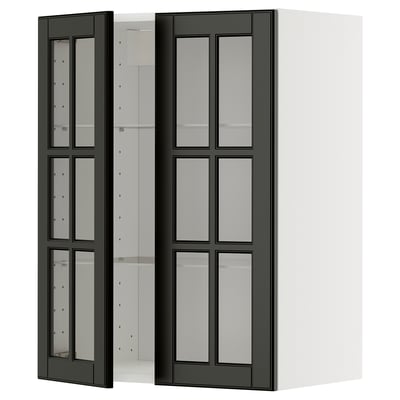 METOD Wall cabinet w shelves/2 glass drs, white/Bodbyn black, 60x80 cm
