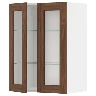 METOD Wall cabinet w shelves/2 glass drs, white Enköping/brown walnut effect, 60x80 cm